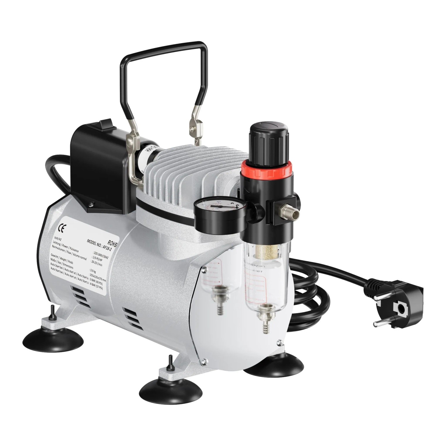Wiltec Airbrush Kompressor Af18-2 Membrankompressor 4 Bar Abschaltautomatik Manometer