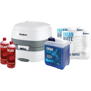 Enders Campingtoiletten Starter-Set WC Deluxe Blue mit Zubehör wie Sanitärflüssigkeit und Toilettenpapier.