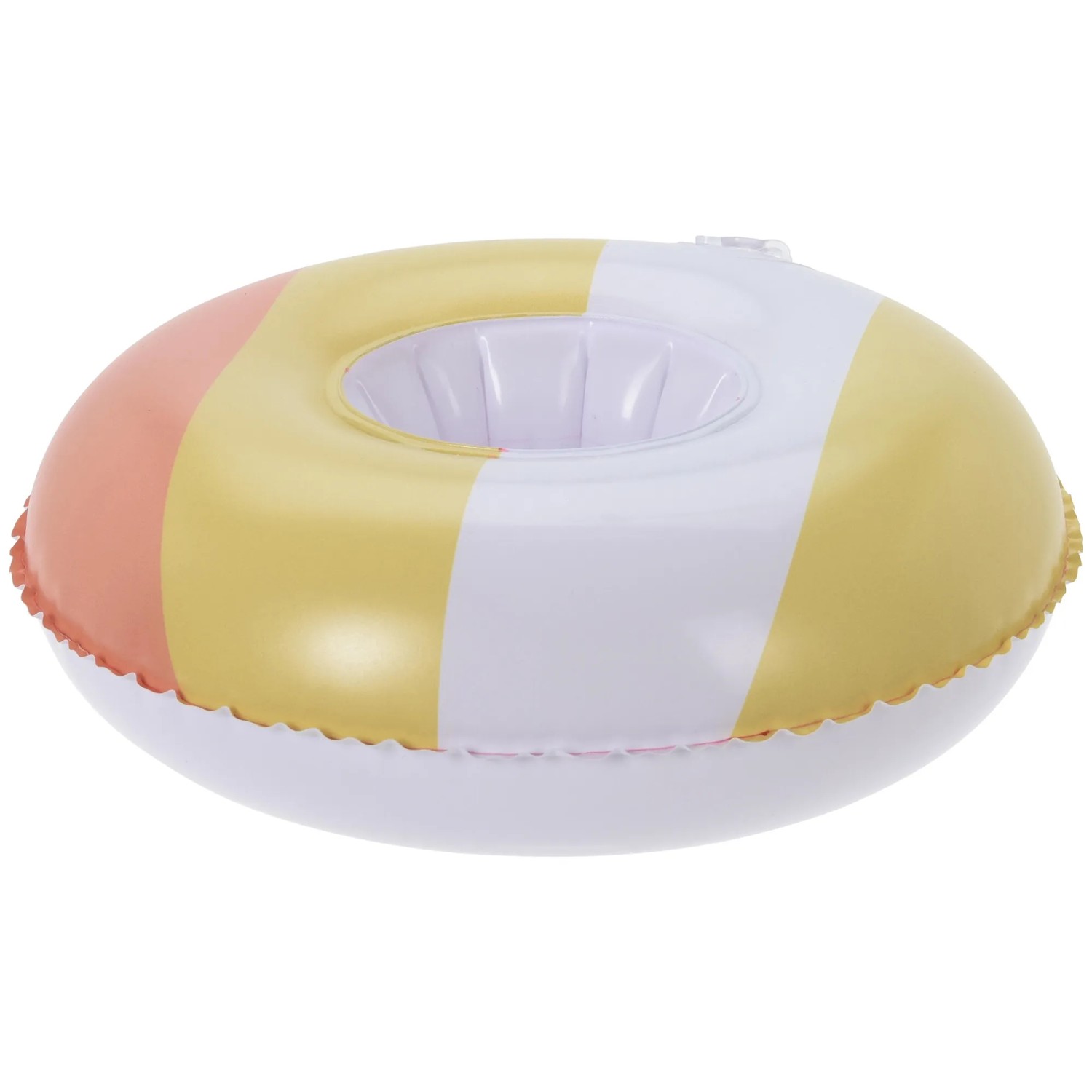 Aufblasbarer Becherhalter Ø 22cm aus PVC mit Streifenmuster in verschiedenen Sommerfarben.