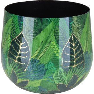 Übertopf Flora, grün-gold mit Blätterprint, Ø 13 cm. Dekorativer Blumentopf für Innen.