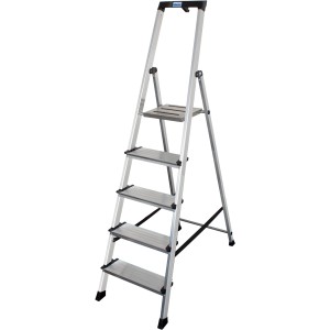 Monto Sepuro Stufen-Stehleiter mit 5 Stufen aus Aluminium, mit Sicherheitsbügel und Eimerhaken.
