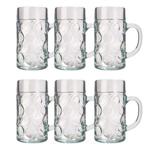 6er Set klare Biergläser aus Glas, 0,3 Liter, mit Noppenstruktur und Henkel. Geschirr für Bier.
