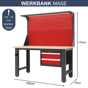 DELUKE Werkbank Werkstatt ROBI 170 x 150 x 75 cm Anthrazit-Rot Platte Braun