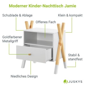 Weißer Juskys Kinder Nachttisch Jamie mit Schublade und offenem Fach. Niedliches Design mit Holzbeinen.