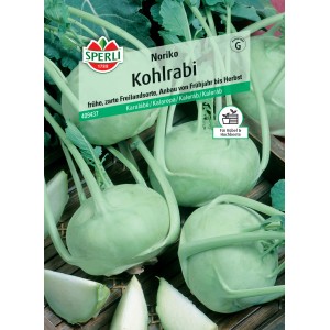 Sperli Kohlrabi Noriko Samen: Packung mit hellgrünen Kohlrabi Knollen und Blättern.