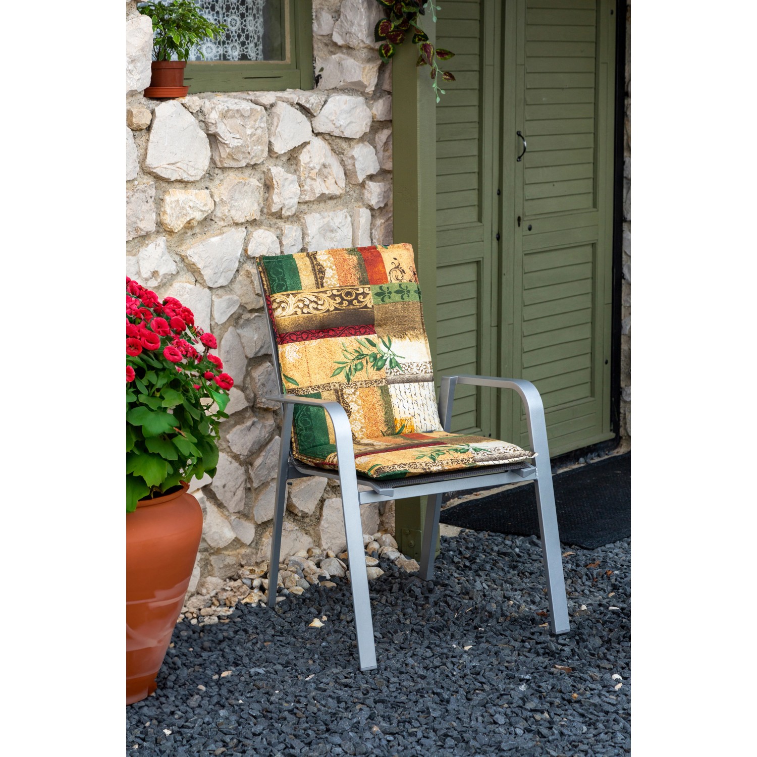 Beo Sitzauflage Glasgow Beige-Natur für Niedriglehner Gartenstühle mit Muster.