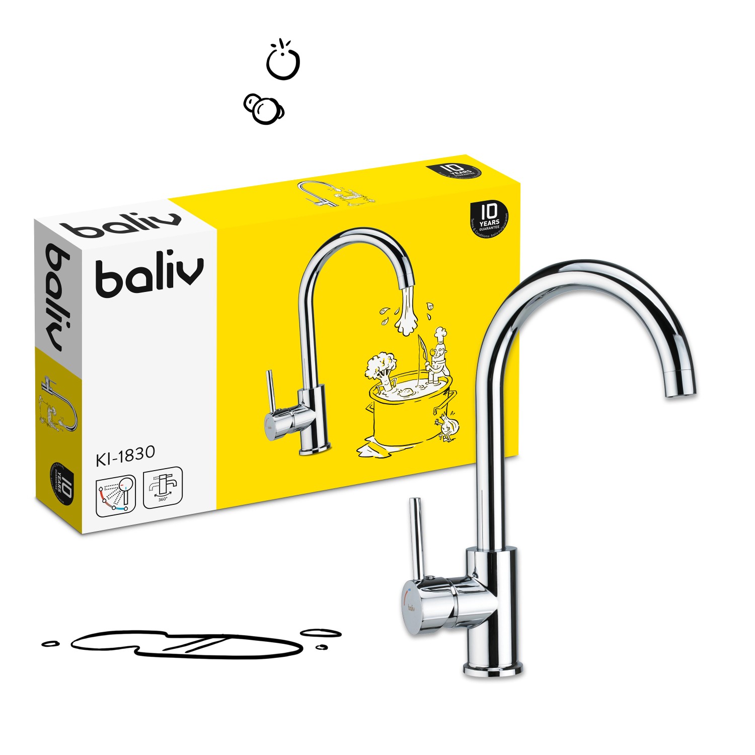 baliv Küchenarmatur KI-1830 Chrom, Einhebelmischer mit hohem, gebogenem Auslauf.
