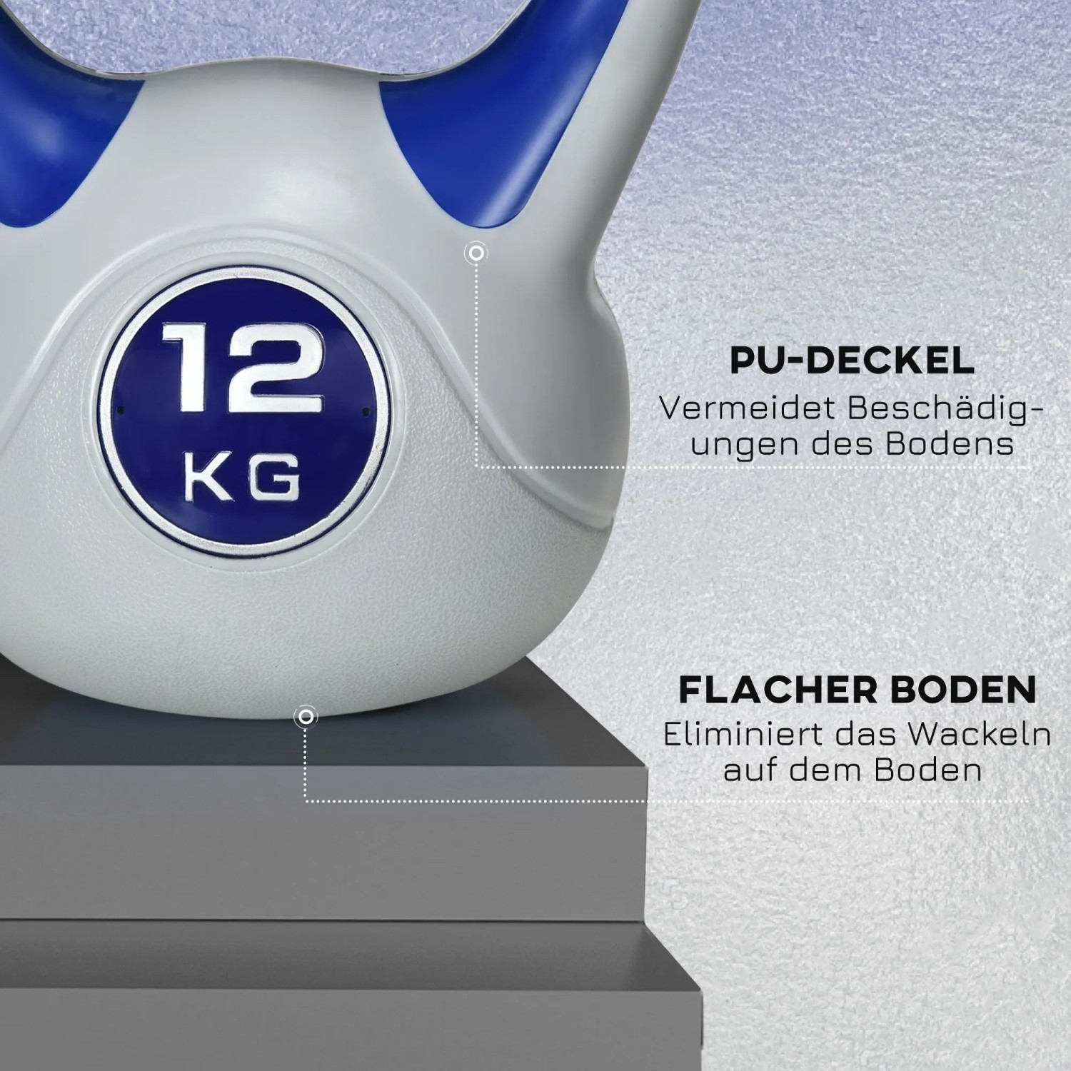 Blaue und graue SPORTNOW Kettlebell 12 KG mit PU-Deckel und flachem Boden für sicheres Gewichtstraining.