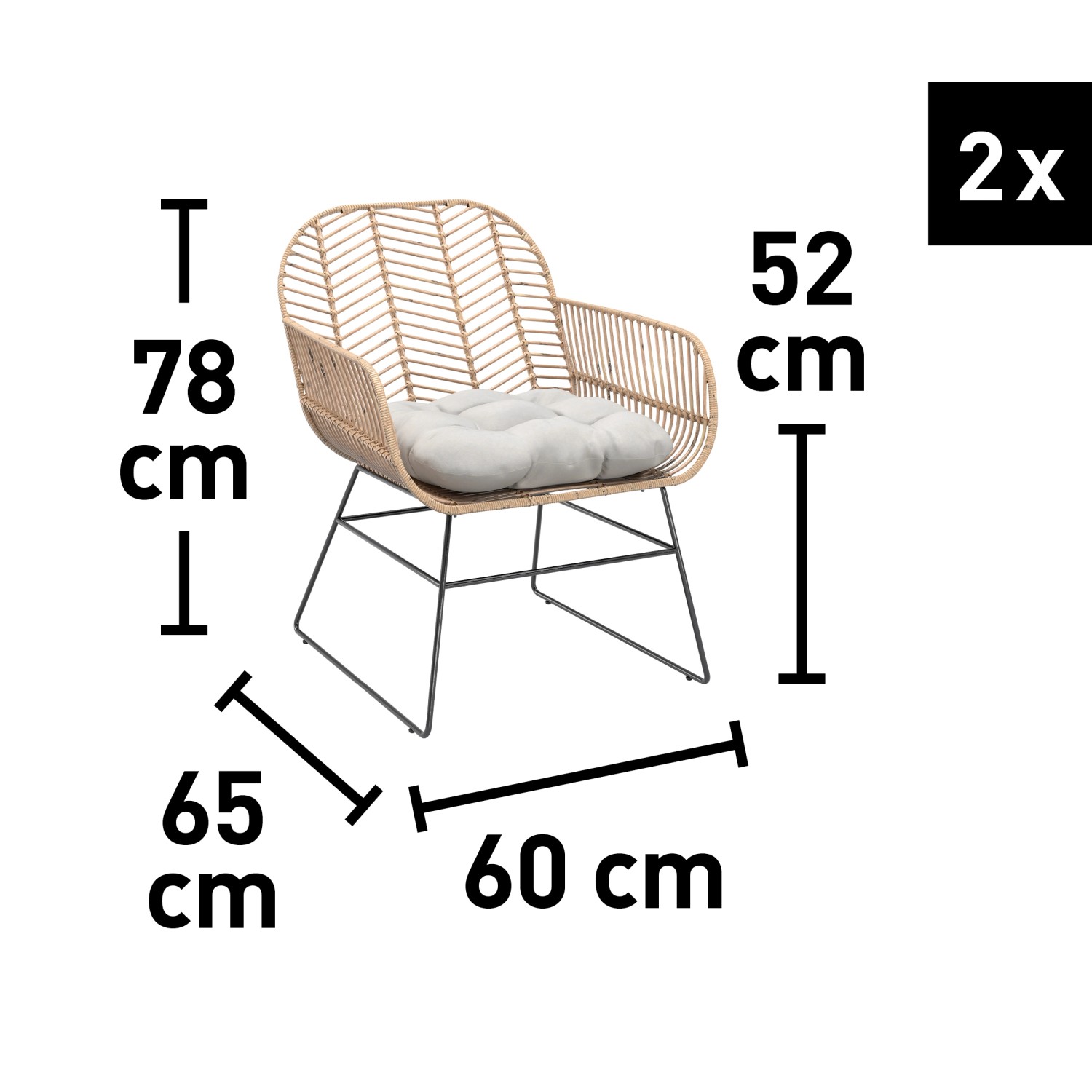 Lounge-Sessel Udima im 2er-Set aus Rattan Natur mit hellgrauem Kissen und Maßangaben.