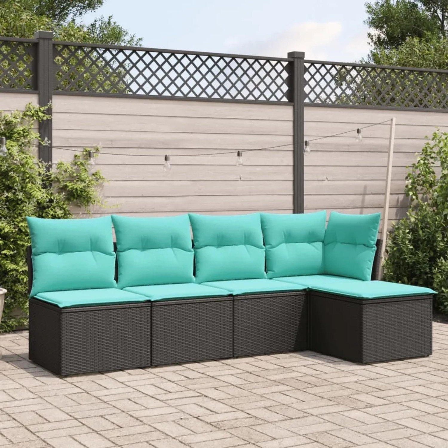 Schwarze 5-tlg. vidaXL Garten-Sofagarnitur aus Rattan mit türkisen Kissen.