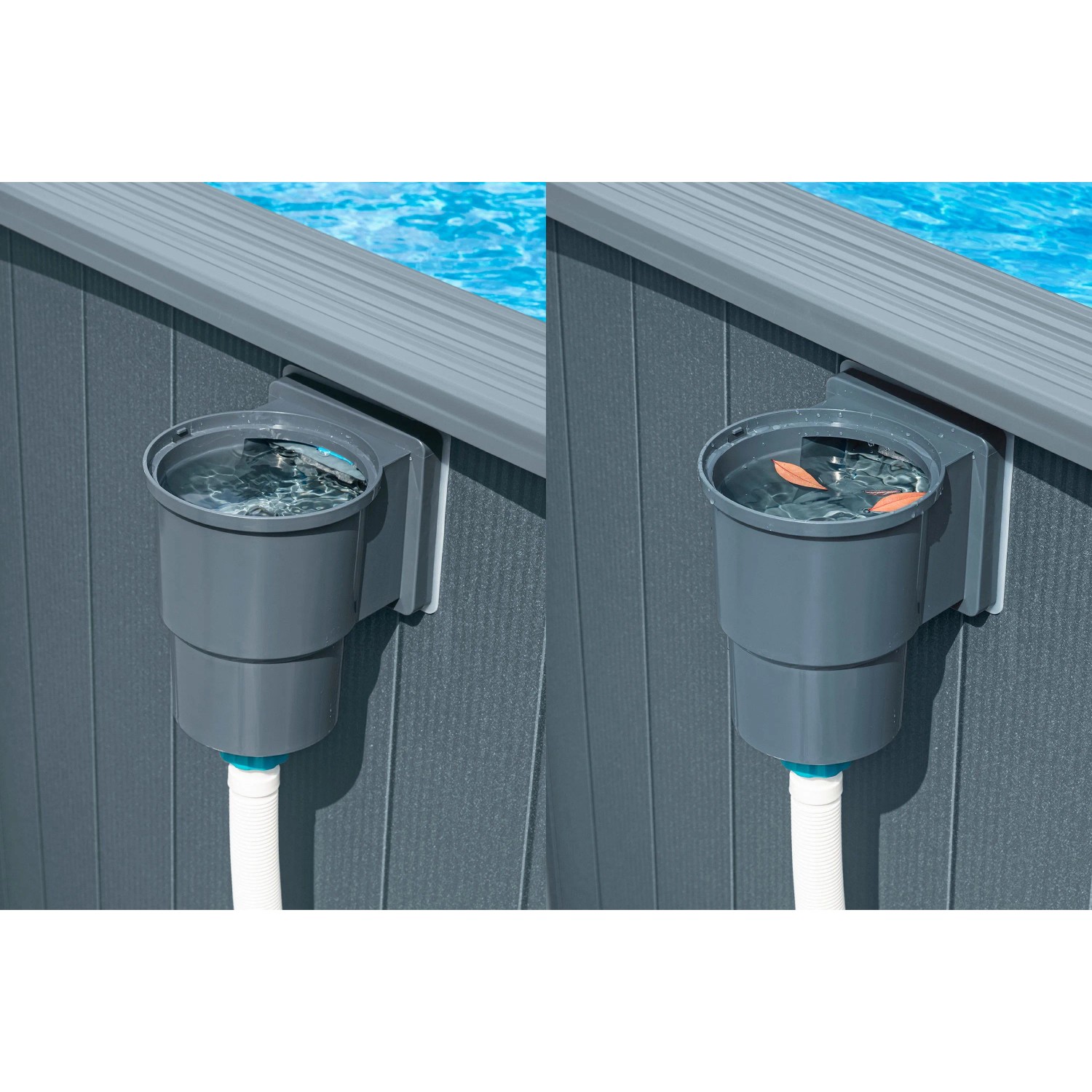 Detailaufnahme des Skimmers am Bestway Hydrium Stahlwandpool in Holzoptik (grau).