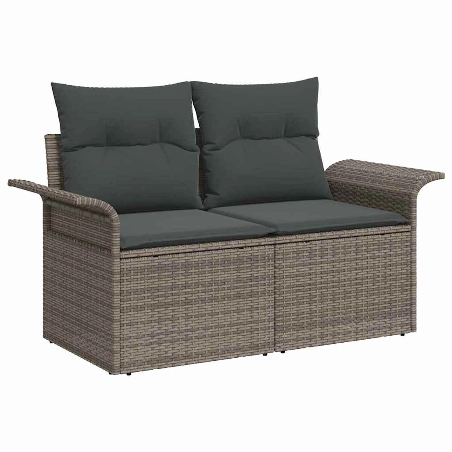 Graues 9-teiliges vidaXL Garten-Sofa-Set aus Poly Rattan mit Tisch und Stauraum.