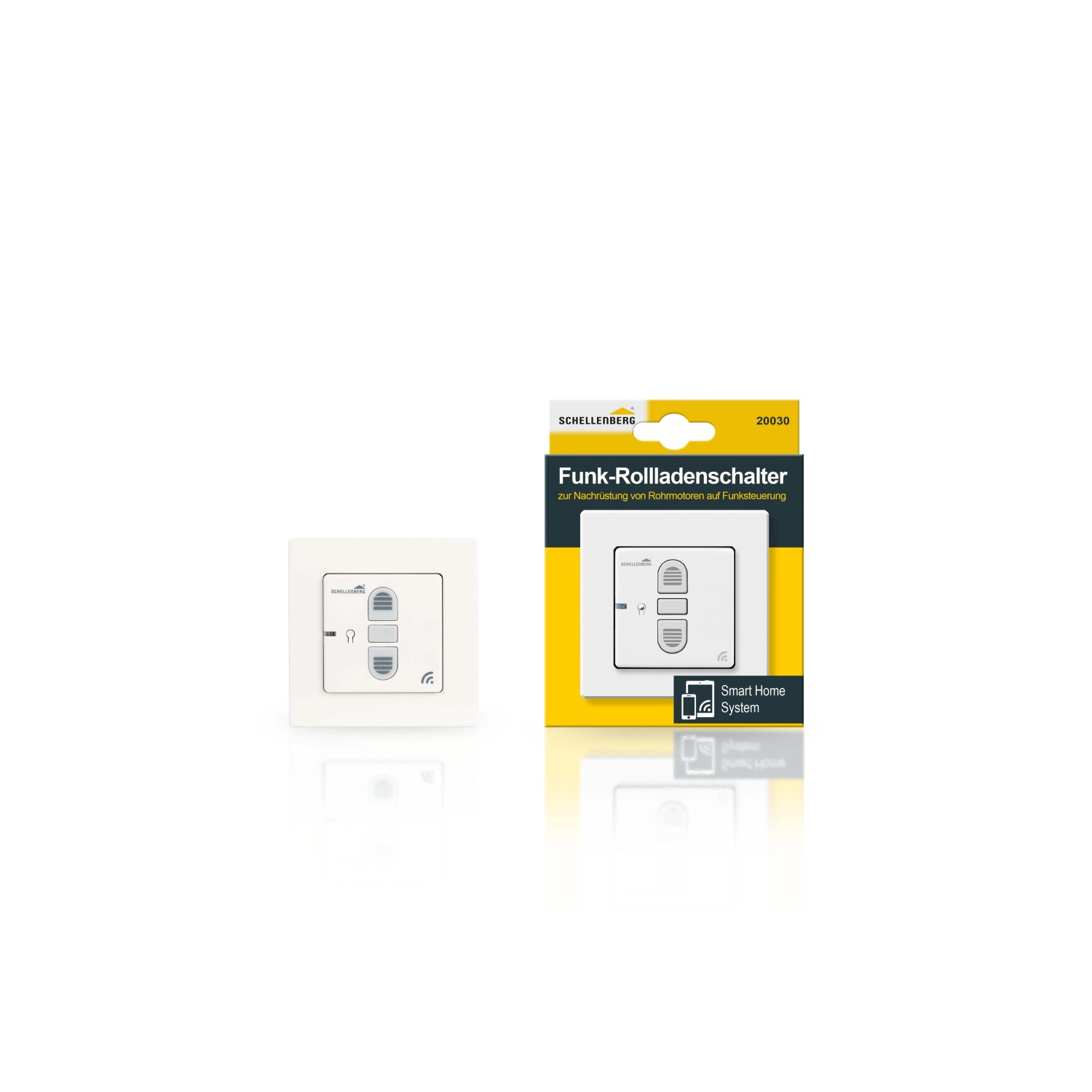Schellenberg Funk-Rollladenschalter Unterputz in Weiß, mit Verpackung. Rollladenantriebe für Smart Home.
