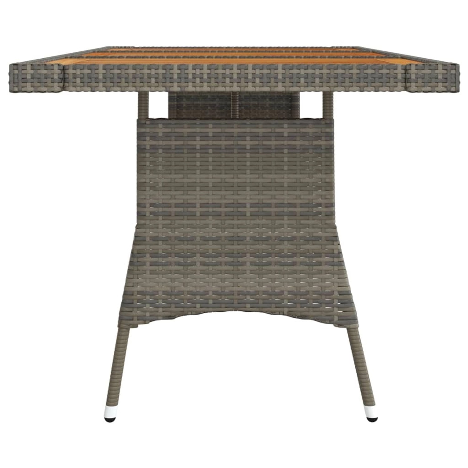 Grauer Gartentisch (160x70 cm) aus Polyrattan und Akazienholz. Robust und wetterbeständig.