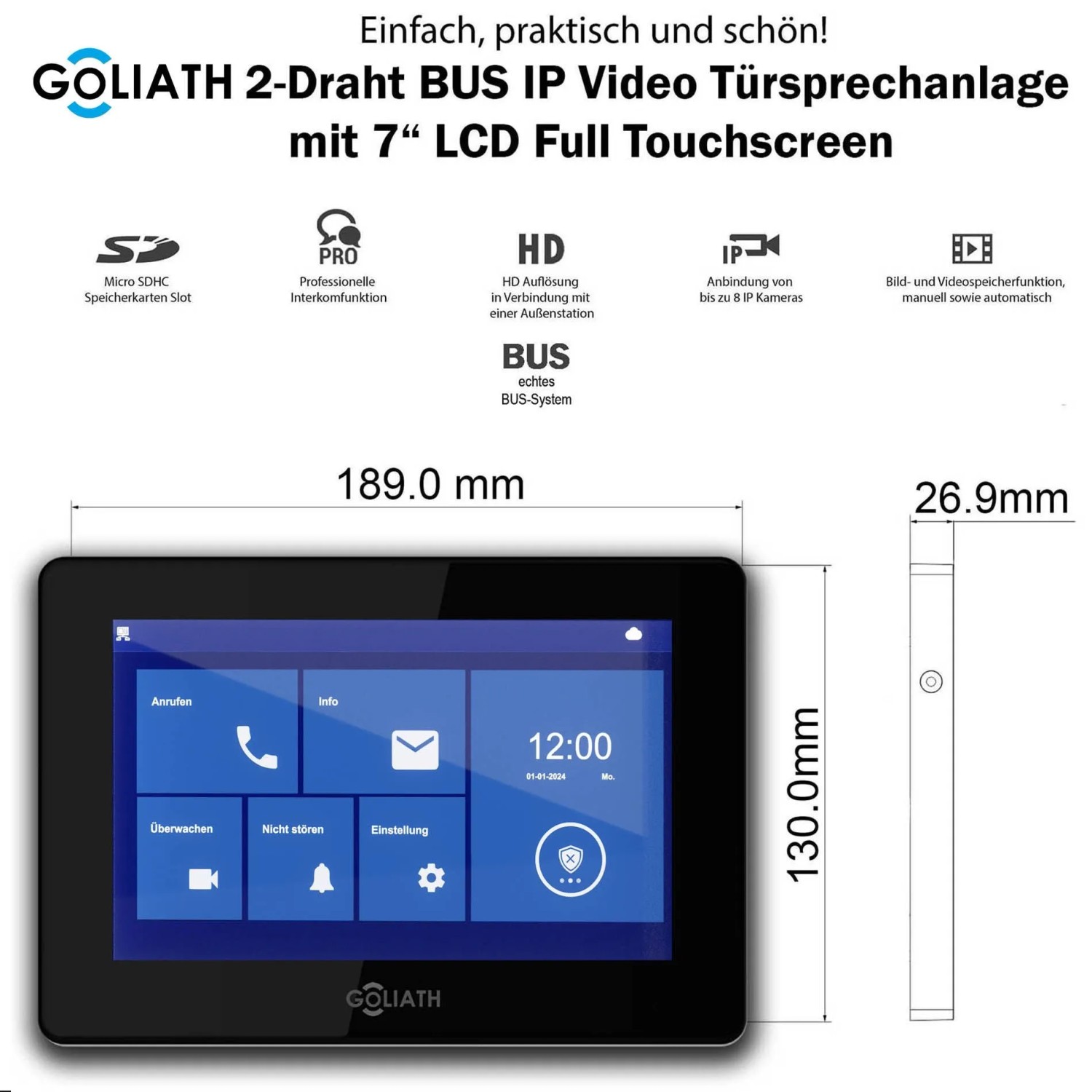 Goliath Basic Line 4-Familienhaus Video Türsprechanlage Monitor Schwarz - Silber Ausenstation Unterputzose_2
