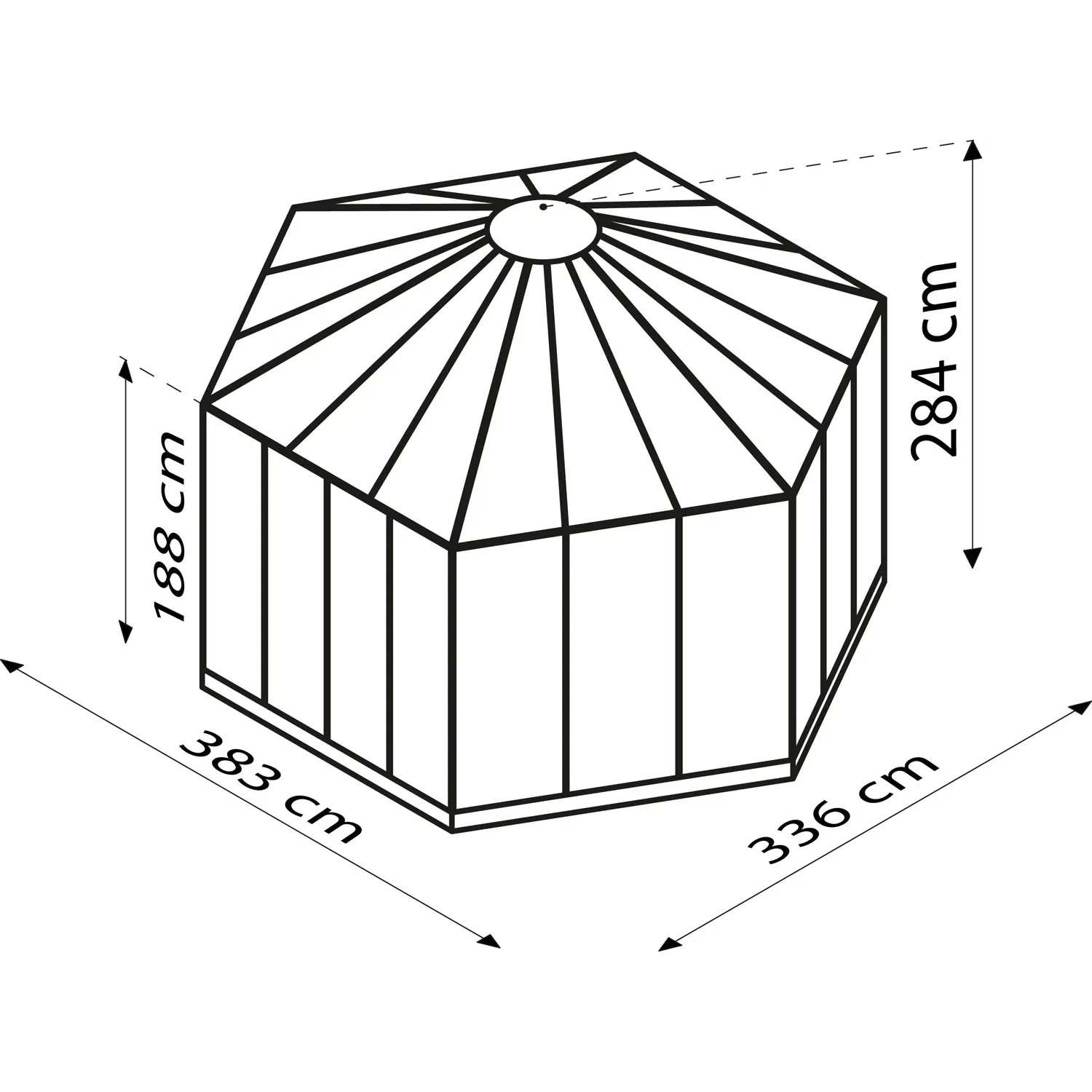 Technische Zeichnung: Vitavia Vogelvoliere Circus 9000, Maße 383,3x336x283,7 cm, Gartenhaus aus Kunststoff.