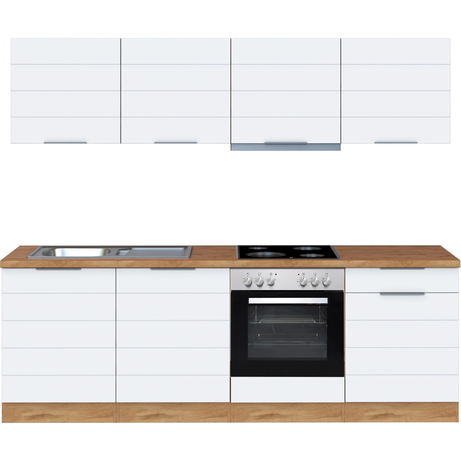 Moderne Held Möbel Küchenzeile, 240 cm, in Weiß und Wotaneiche Optik mit E-Geräten.