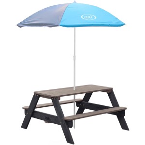 Axi Nick Picknicktisch mit blau-grauem Sonnenschirm, 95x98x49 cm, ideal für Kinder zum Spielen und Essen im Garten.