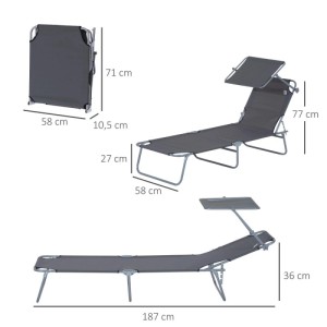 Outsunny Sonnenliege Klappbar Gartenliege mit Dach bis 120 kg Belastbar Grau