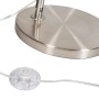Detailaufnahme: Stahlfuß und Fußschalter der Bogenlampe Arc Basic. Innenleuchte mit grauen Stoffschirm.