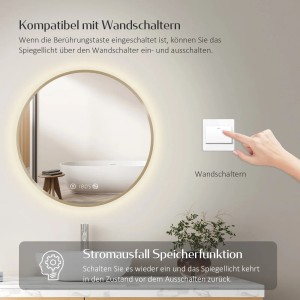 Emke LED Badspiegel, rund, 80 cm, Goldrahmen, mit Uhr und Dimmfunktion. Detailaufnahme Wandschalter.