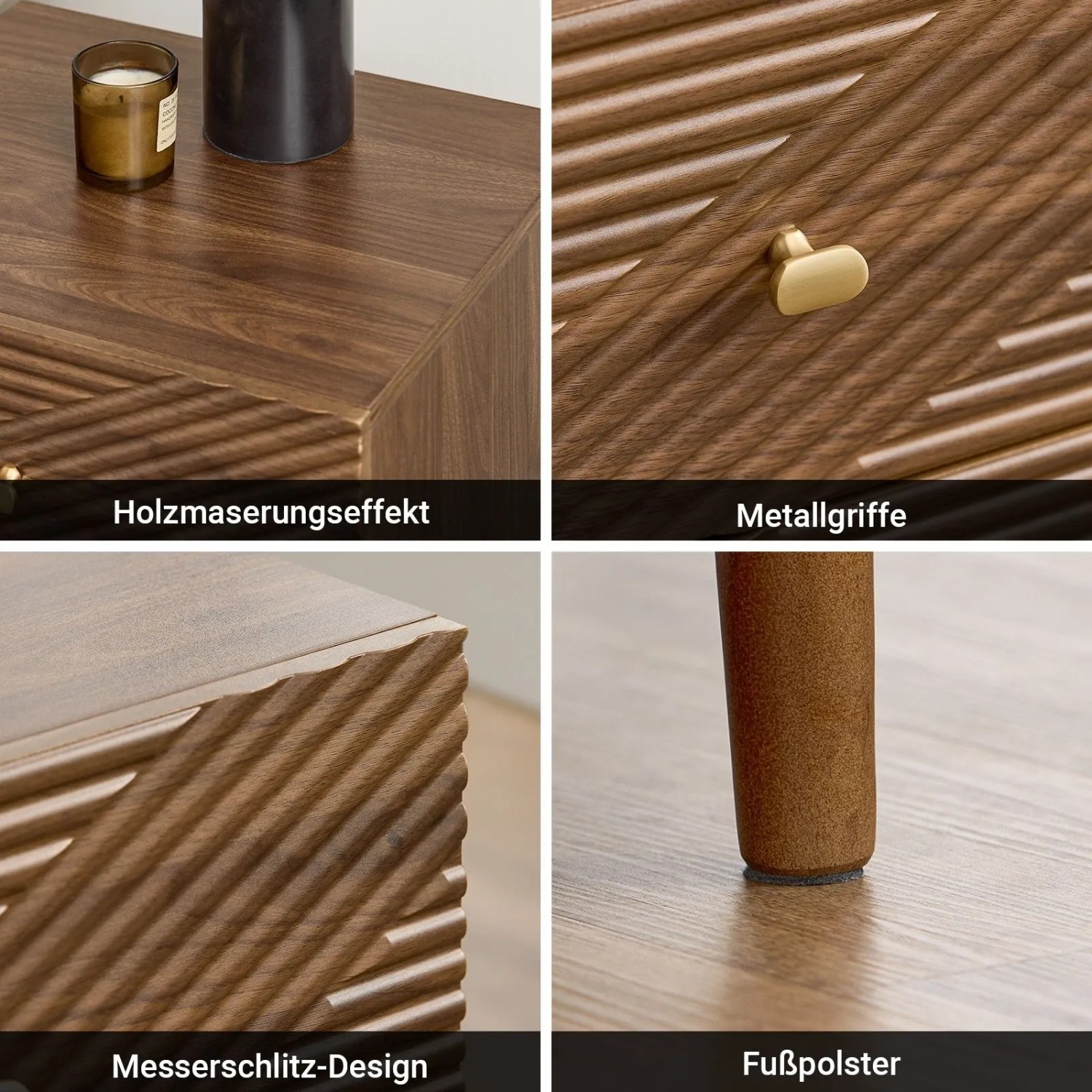 Brauner Vintage Nachttisch mit Holzmaserung, gerillten Schubladenfronten, goldenen Metallgriffen und stabilen Gummibaumbeinen.