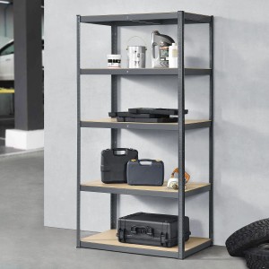 Graues Juskys Lagerregal Basic (200x100x60 cm) mit fünf Böden, beladen mit Werkzeug und Zubehör.