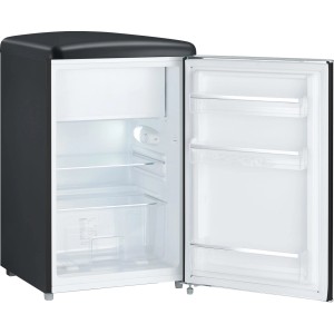 Offener Severin Tischkühlschrank RKS 8832 im Retro Design, mattschwarz, mit Innenraum und Fächern.