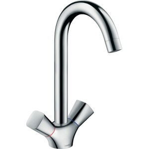 Hansgrohe Logis 220 Zweigriff Küchenarmatur in Chrom mit hohem, gebogenem Auslauf.