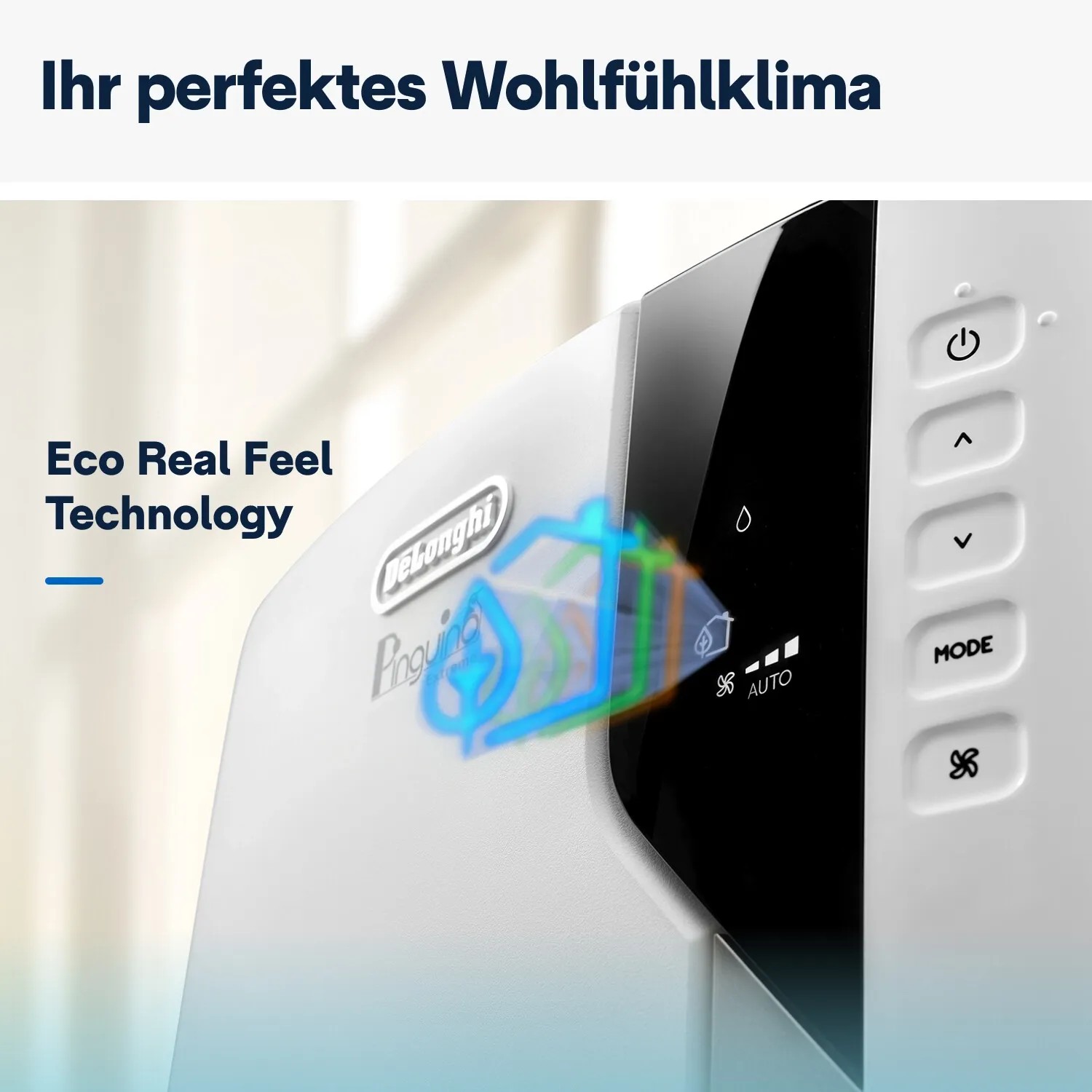 Detailaufnahme: DeLonghi Pinguino Extreme PAC EX93 Klimagerät mit Bedienfeld und Eco Real Feel Technologie.