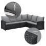 Schwarzes Polyrattan Garten-Lounge Set mit grauen Kissen. Nahaufnahme zeigt Reißverschluss am Kissen und das Polyrattan-Geflecht.