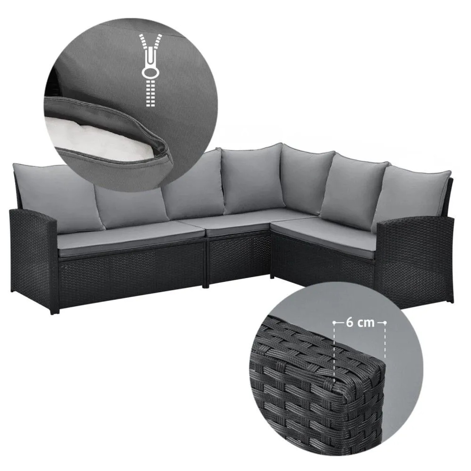 Schwarzes Polyrattan Garten-Lounge Set mit grauen Kissen. Nahaufnahme zeigt Reißverschluss am Kissen und das Polyrattan-Geflecht.