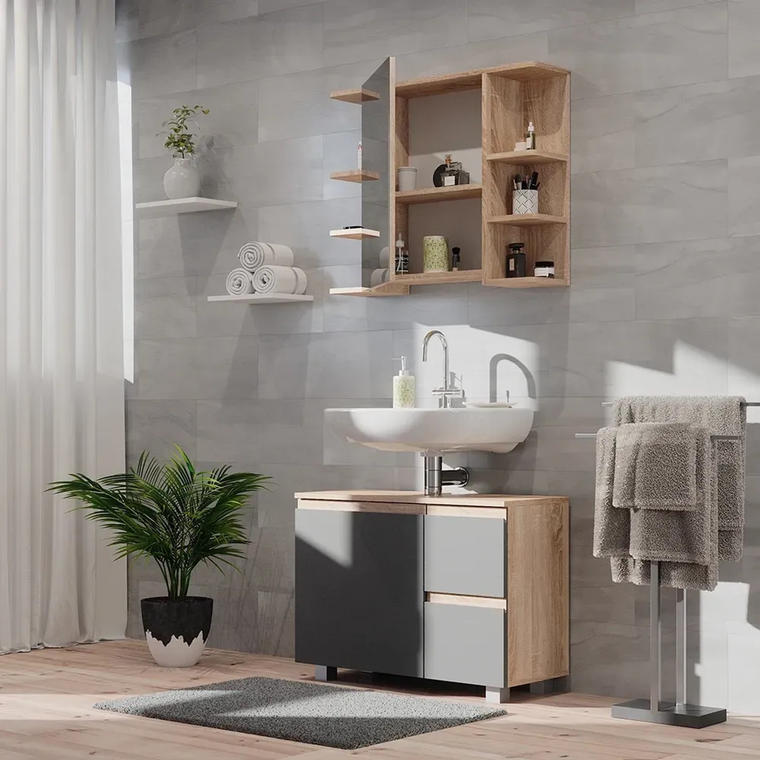 Vicco Badspiegelschrank Fynn Sonoma, 80x64 cm, mit offenen Fächern und Stauraum im Badezimmer.