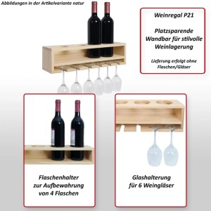MCW Weinregal P21 aus Holz, weiß, für 4 Flaschen und 6 Gläser, Wandmontage.