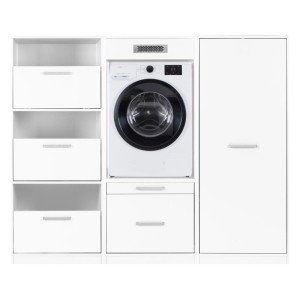 Weißes 3-teiliges Hauswirtschaftsraum Möbel-Set L-Studio mit integrierter Waschmaschine, Wäscheschrank und Mehrzweckschrank.
