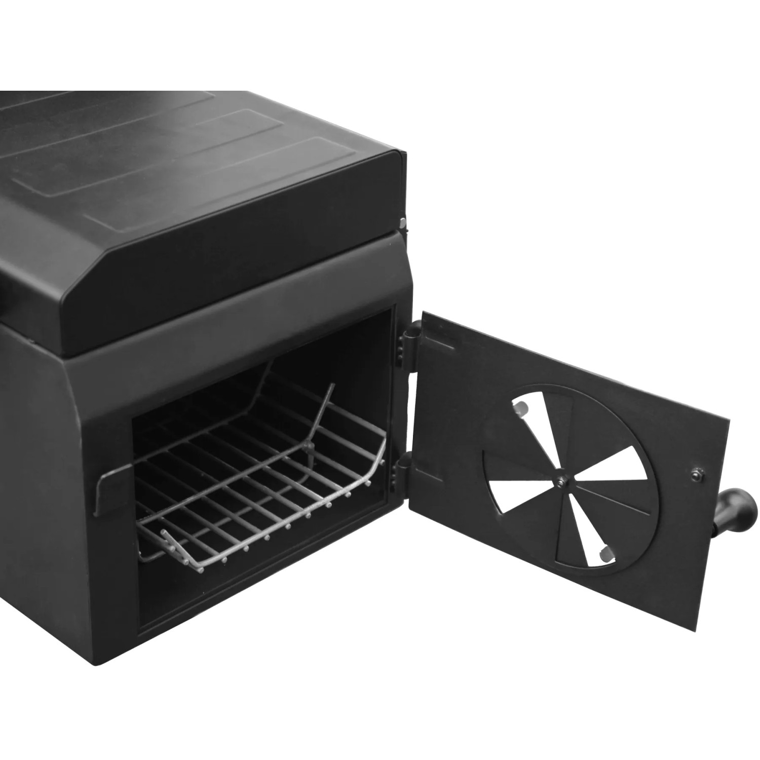 Detailaufnahme Smoker des El Fuego Arizona Kombigrill mit Rost und geöffneter Tür.