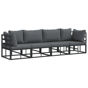 Schwarzes 4-tlg. vidaXL Garten-Sofa-Set aus Aluminium mit grauen Kissen.
