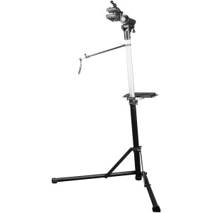 Eufab Fahrradmontageständer für E-Bikes, schwarz, mit Werkzeugablage und höhenverstellbarer Teleskopstange.