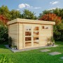 Modernes Alpholz Gartenhaus Leandro-28 in Pinie mit Doppeltür und Fenster im Grünen.