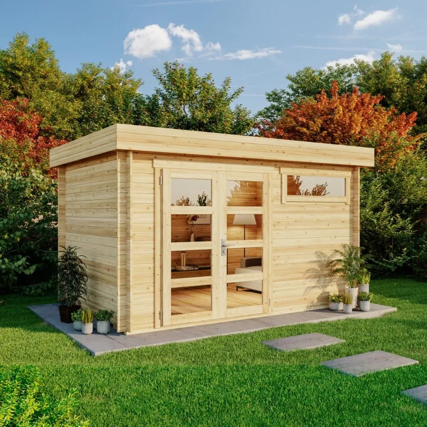 Modernes Alpholz Gartenhaus Leandro-28 in Pinie mit Doppeltür und Fenster im Grünen.