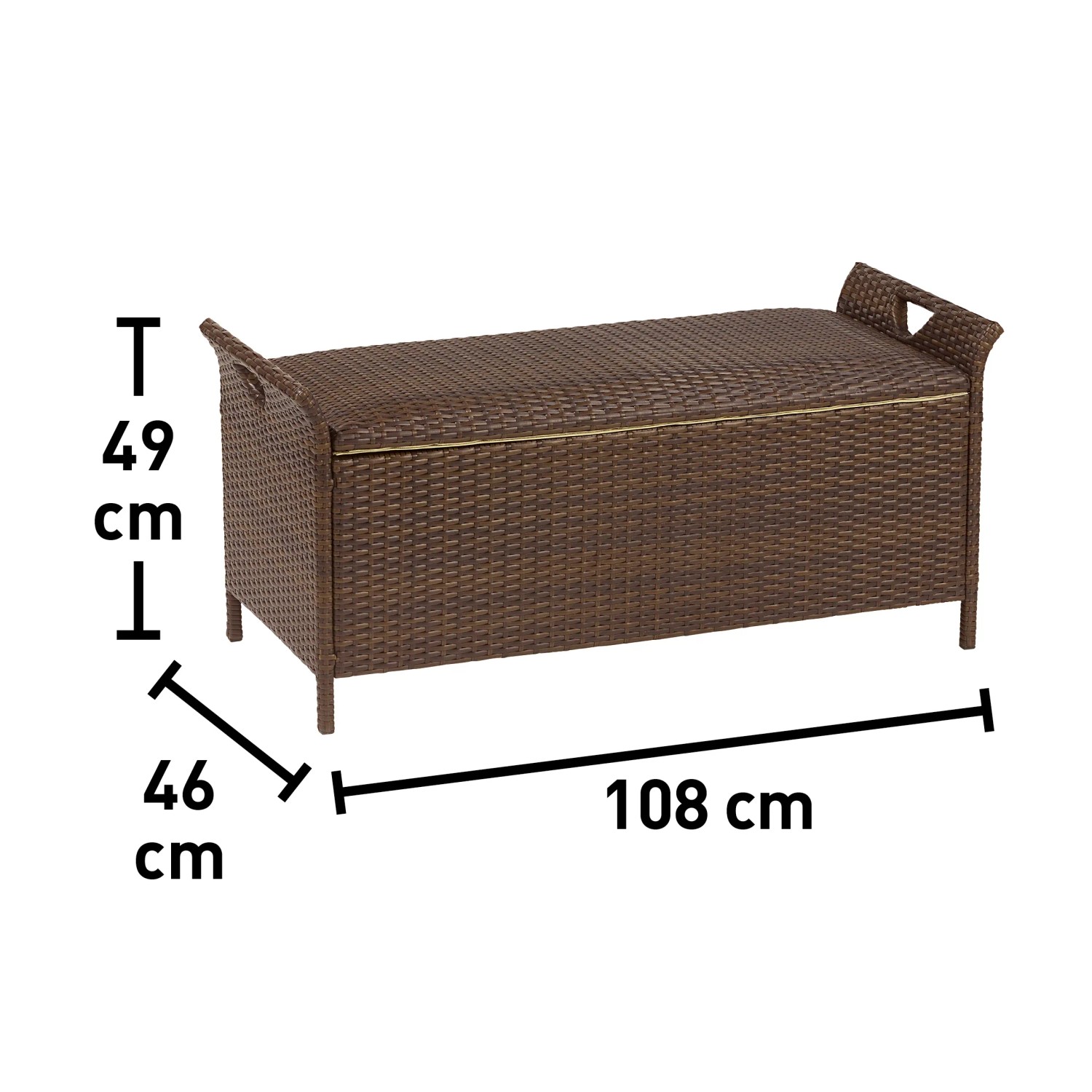Braune Kissenbox Davenport (49x108x46cm) aus Polyrattan mit Griffen und Maßangaben.