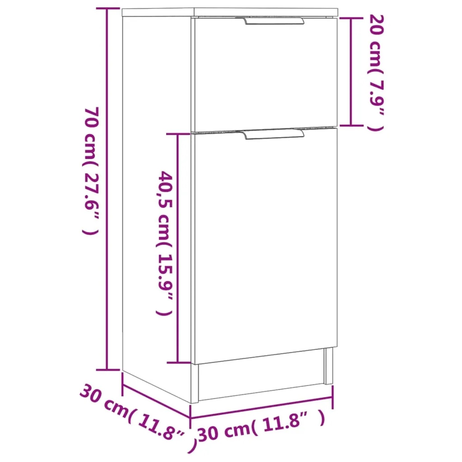 Schwarzes vidaXL Sideboard, 30x30x70 cm, aus Holzwerkstoff mit Schublade und Tür.