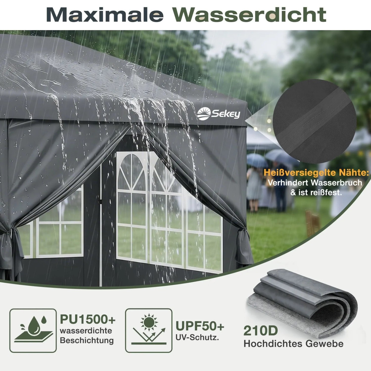 Grauer Sekey Faltpavillon 3x6 m mit Seitenteilen, wasserdicht im Regen. Zeigt PU-Beschichtung, UV-Schutz und Pop Up Funktion.