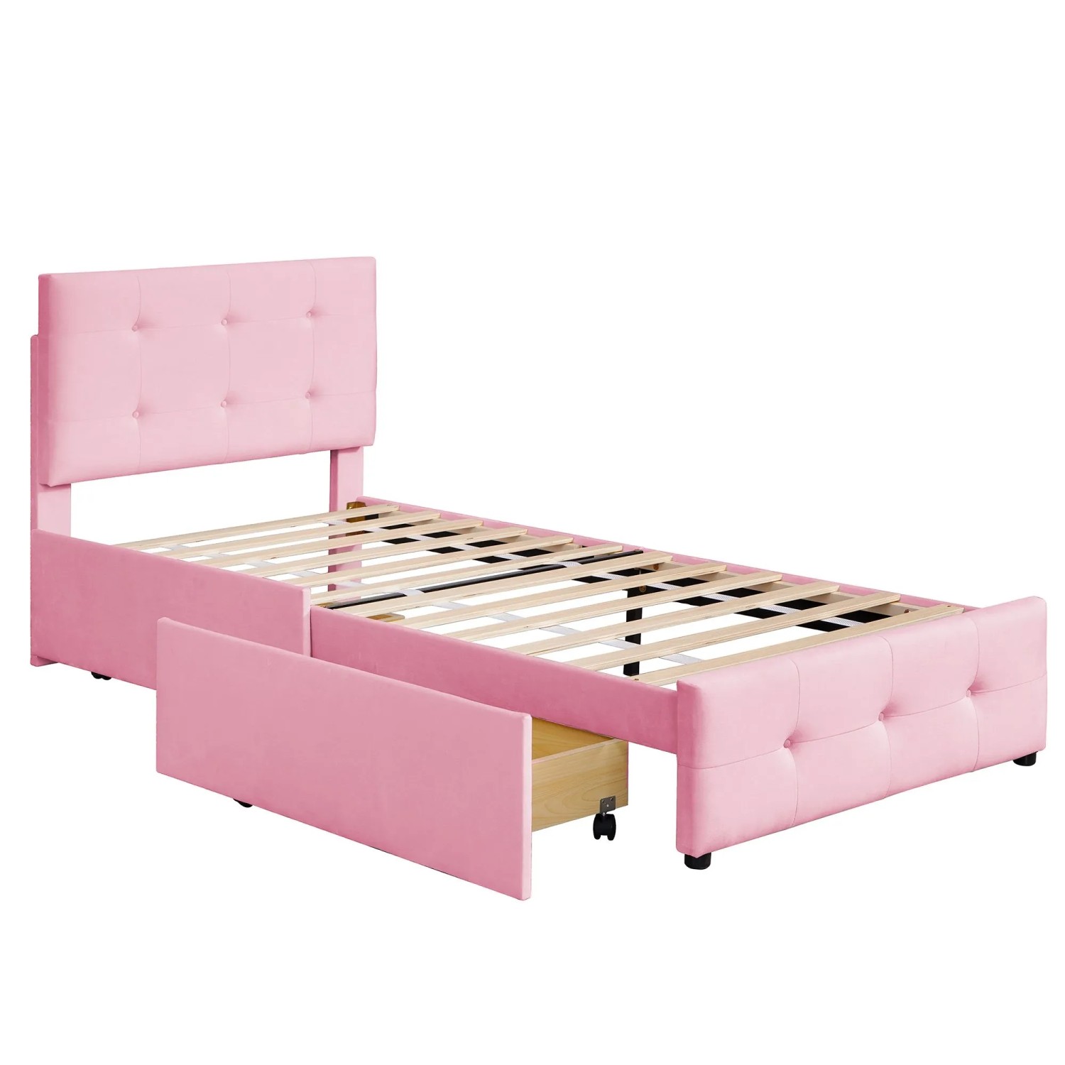 Merax Polsterbett 90x200cm Samt Schubladen Beige Rosa