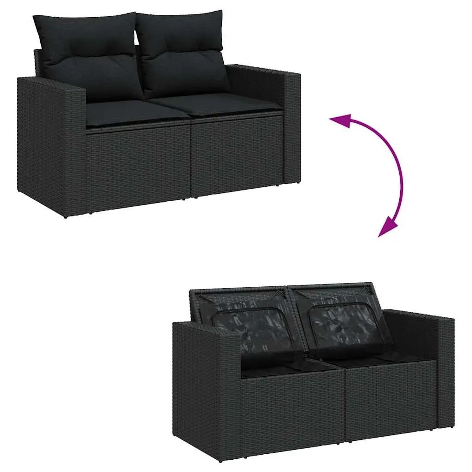 Schwarze 11-tlg. vidaXL Garten-Sofagarnitur aus Polyrattan mit Kissen und Stauraum.
