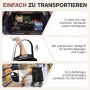 Sekey Treppensteiger Einkaufstrolley, zusammengeklappt im Kofferraum, mit Griff und am Einkaufswagen hängend.