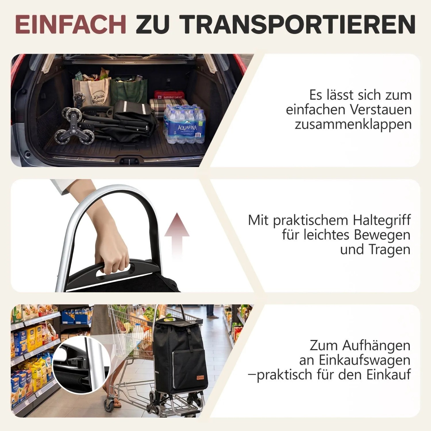 Sekey Treppensteiger Einkaufstrolley, zusammengeklappt im Kofferraum, mit Griff und am Einkaufswagen hängend.