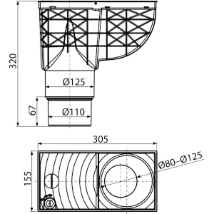 Technische Zeichnung: Alcadrain Regensinkkasten 300x155 mm, senkrechter Abgang 110/125 mm.