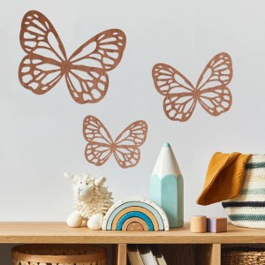 Wanddeko Schmetterlinge, 3-teilig, Mahagoni Furnier. Holzbilder für Kinder-, Schlaf- und Wohnzimmer.