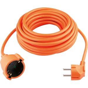 Orangefarbenes Verlängerungskabel, 10 m, für Innenräume. Steckdosenleiste mit Stecker und Kupplung.